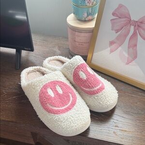 Cozy Cream Slippers with Pink Smiley Face